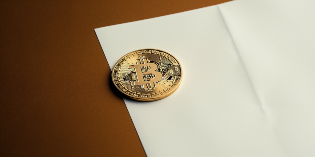 A Bitcoin coin lying on top of a piece of paper